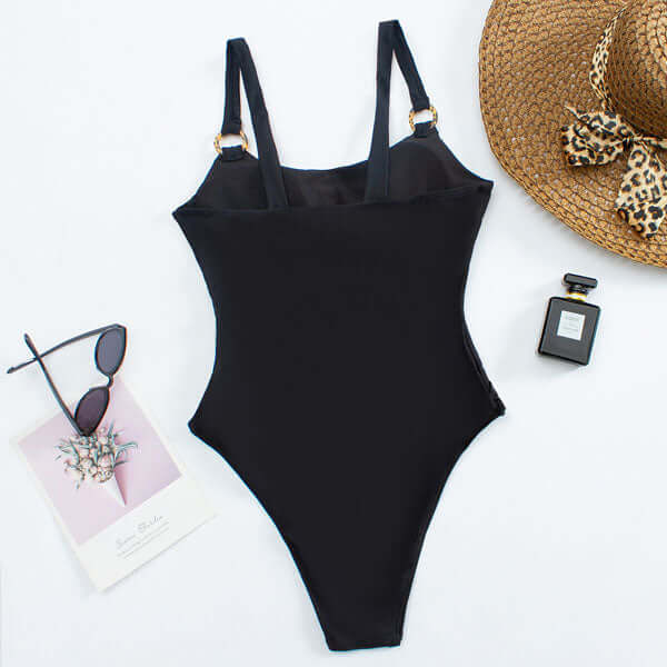 Straight Neck Swimsuit with Open Front and Decorative Rings