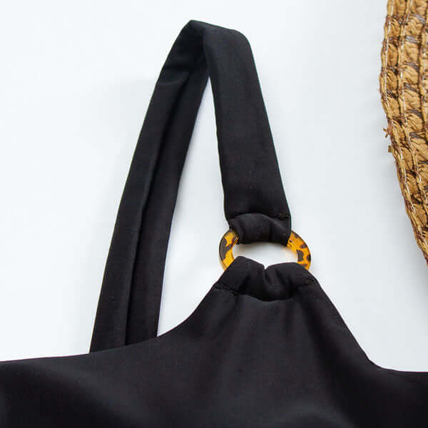 Straight Neck Swimsuit with Open Front and Decorative Rings