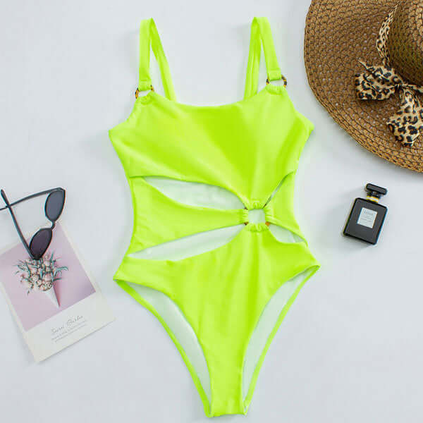 Straight Neck Swimsuit with Open Front and Decorative Rings