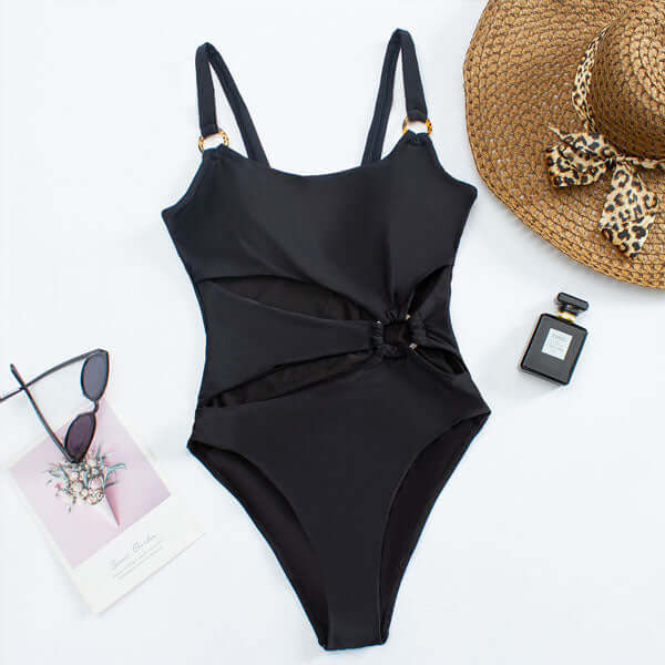 Straight Neck Swimsuit with Open Front and Decorative Rings