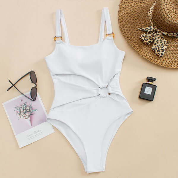 Straight Neck Swimsuit with Open Front and Decorative Rings