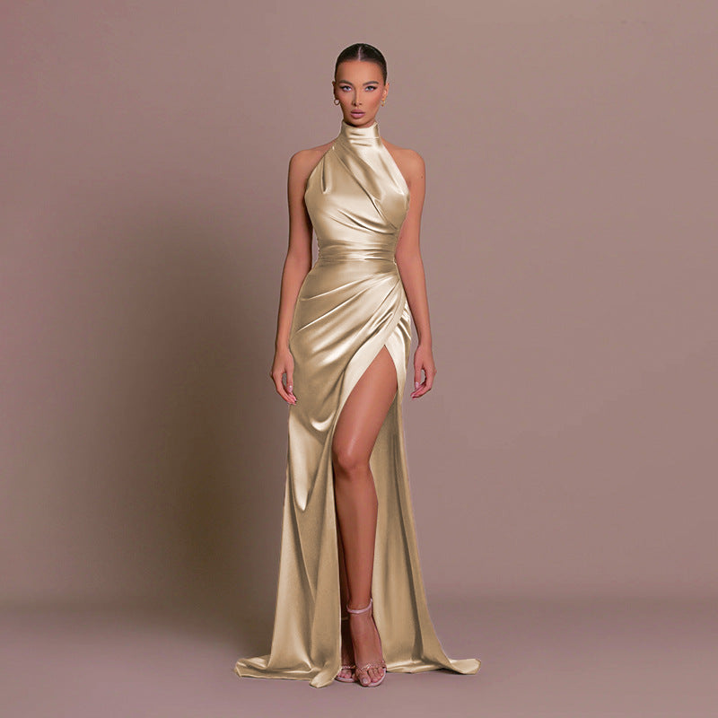 Satin Halter Neckline Dress with Front Slit in Odessa Style