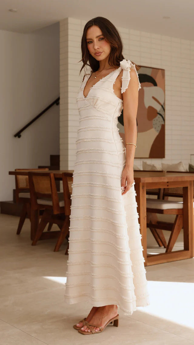 Ruffled Long Dress with Textured Fabric and Bow Straps