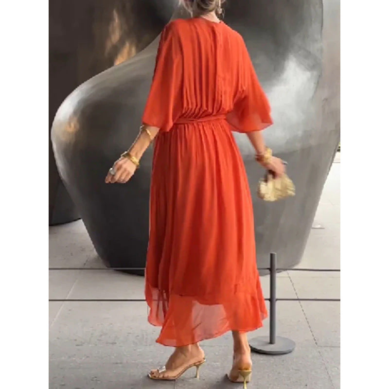 V-Neck Midi Dress with Loose Sleeves for Effortless Style