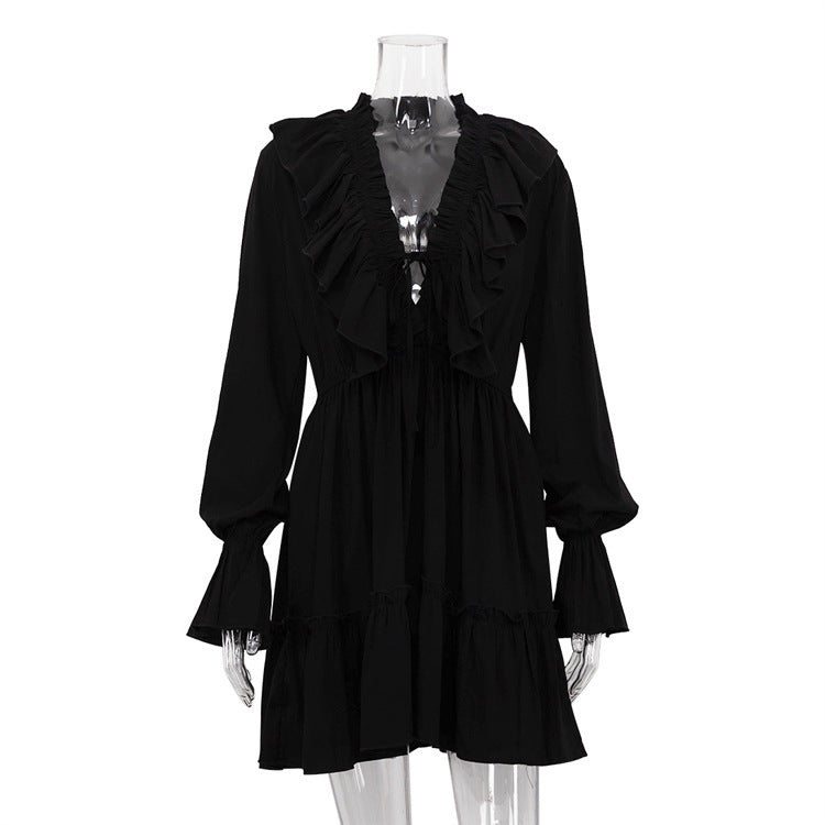 Elegant Mini Dress with Ruffles, V-Neck, and Long Sleeves
