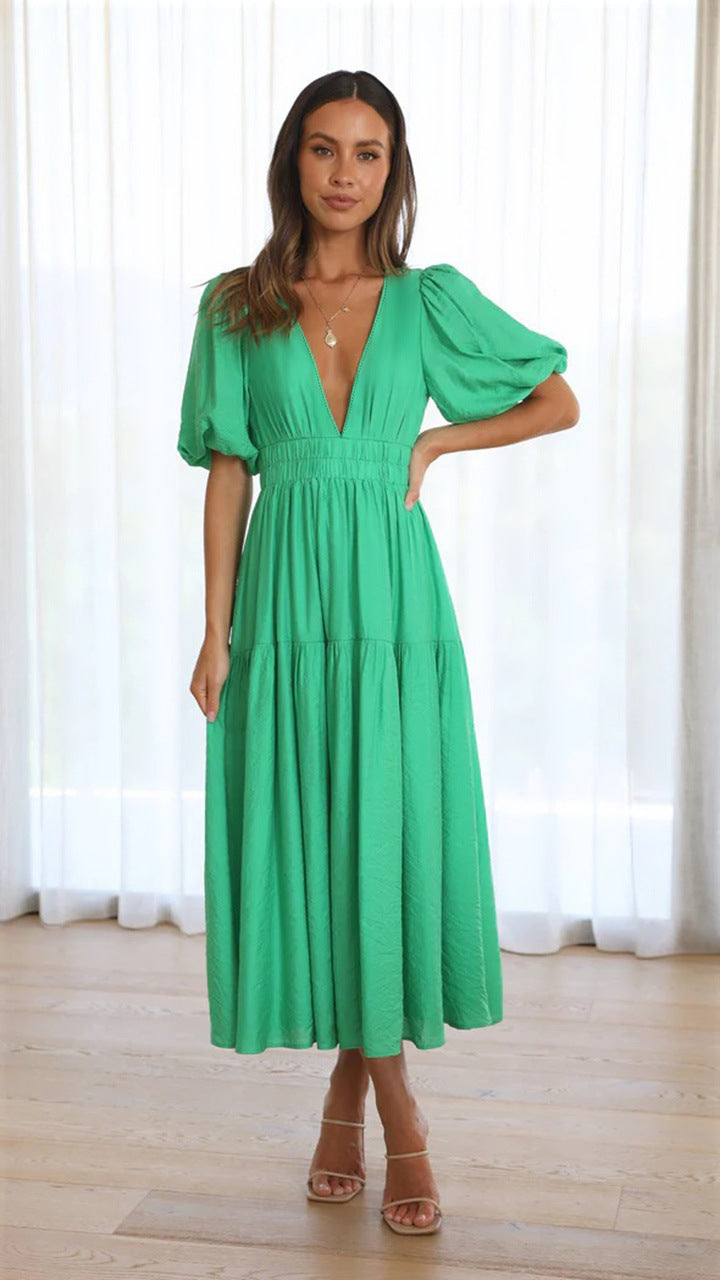 V-neck Ella Dress with Puff Sleeves for Effortless Style