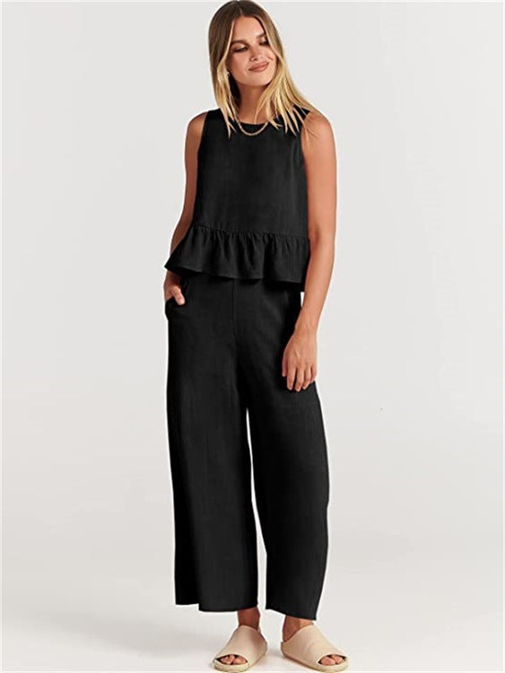 Sleeveless Blouse and Wide-Leg Trousers Set for Effortless Style