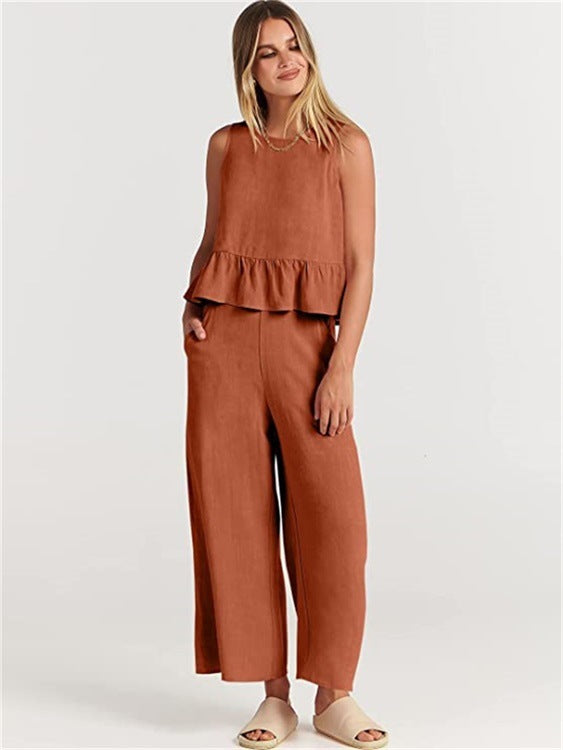 Sleeveless Blouse and Wide-Leg Trousers Set for Effortless Style