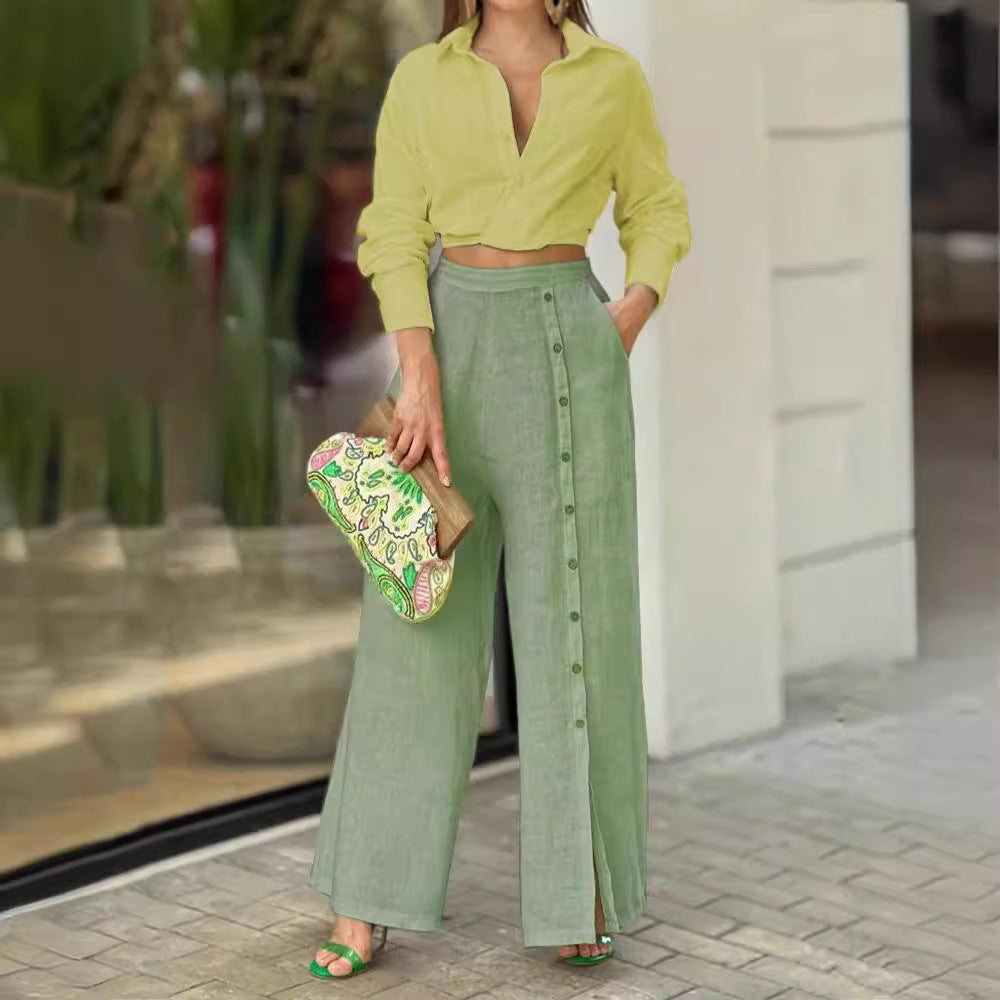 Cotton Lapel Shirt with Relaxed Fit Trousers Set