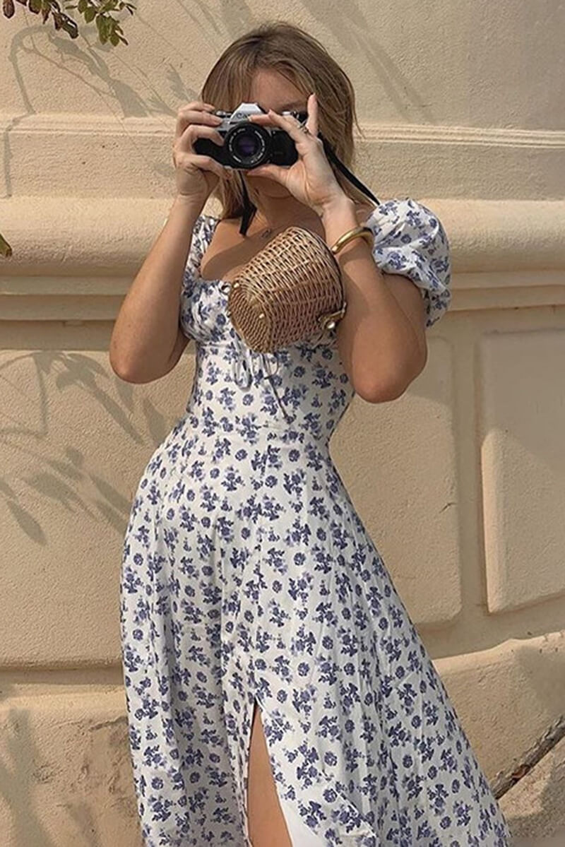Venice Midi Dress with Puff Sleeves and Openings