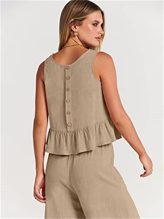 Sleeveless Blouse and Wide-Leg Trousers Set for Effortless Style