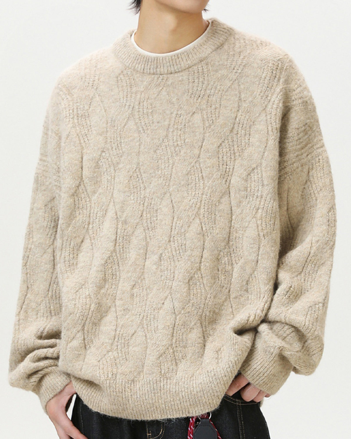 Men’s Oversized Cable-Knit Wool Blend Crewneck Sweater