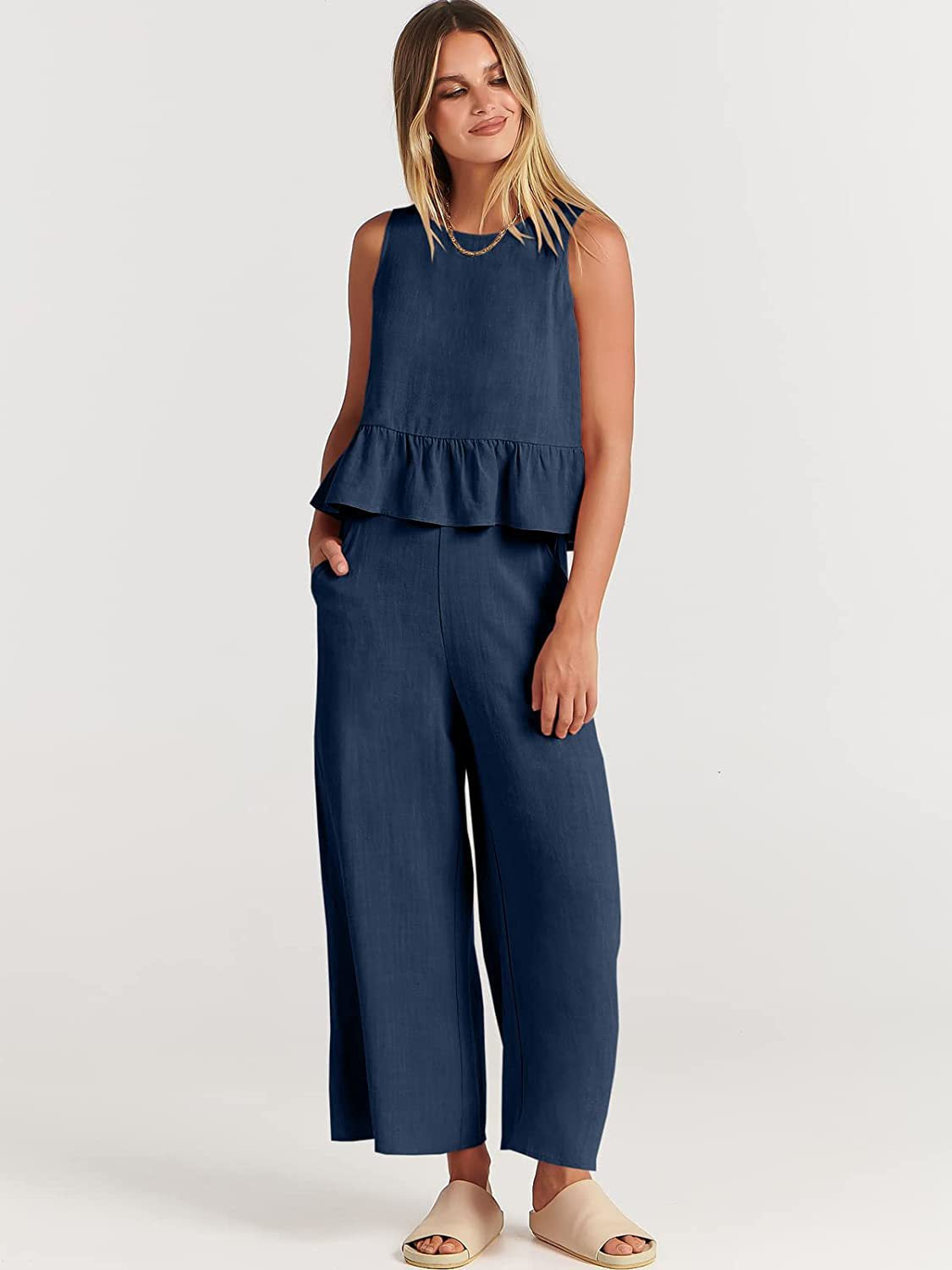 Sleeveless Blouse and Wide-Leg Trousers Set for Effortless Style
