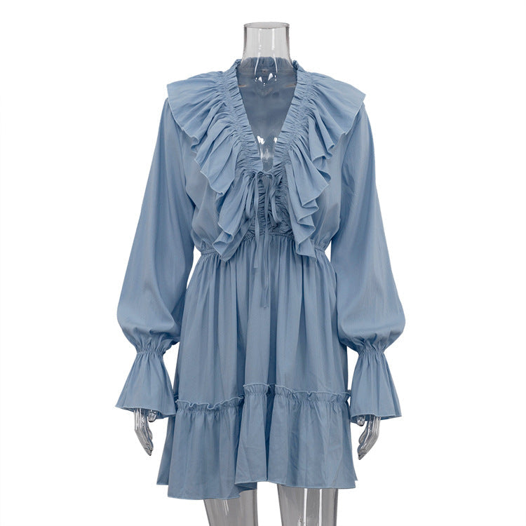 Elegant Mini Dress with Ruffles, V-Neck, and Long Sleeves