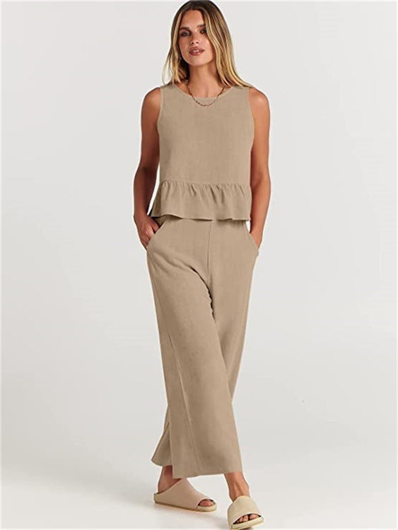 Sleeveless Blouse and Wide-Leg Trousers Set for Effortless Style