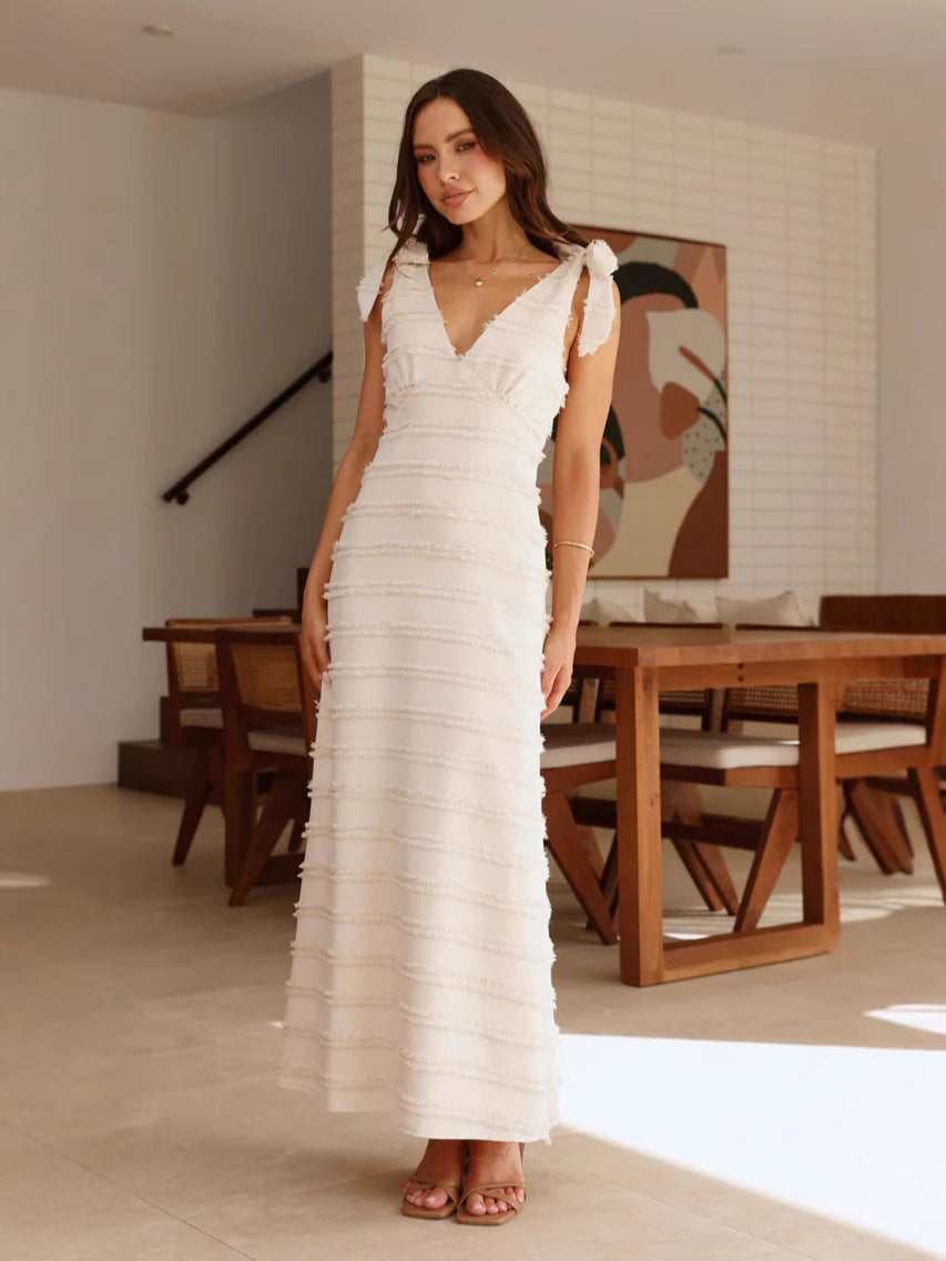 Ruffled Long Dress with Textured Fabric and Bow Straps
