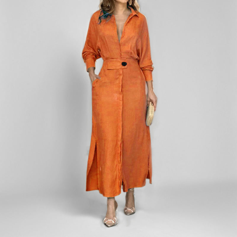 Rive Button-Up Shirt Dress with Side Openings for Easy Styling