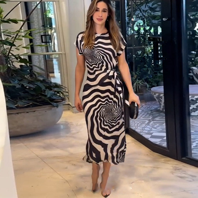 Optical Print Midi Dress with Straight Cut and Side Bow Detail