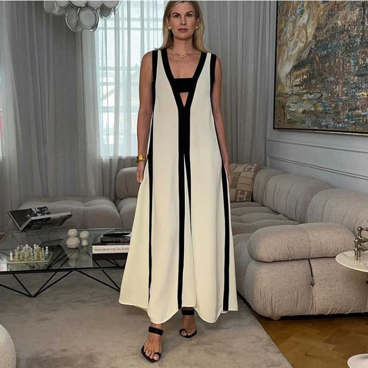 V-Neck Two-Tone Long Dress for Effortless Style