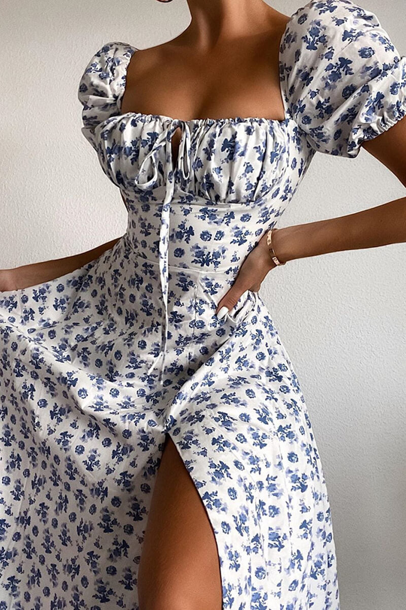 Venice Midi Dress with Puff Sleeves and Openings