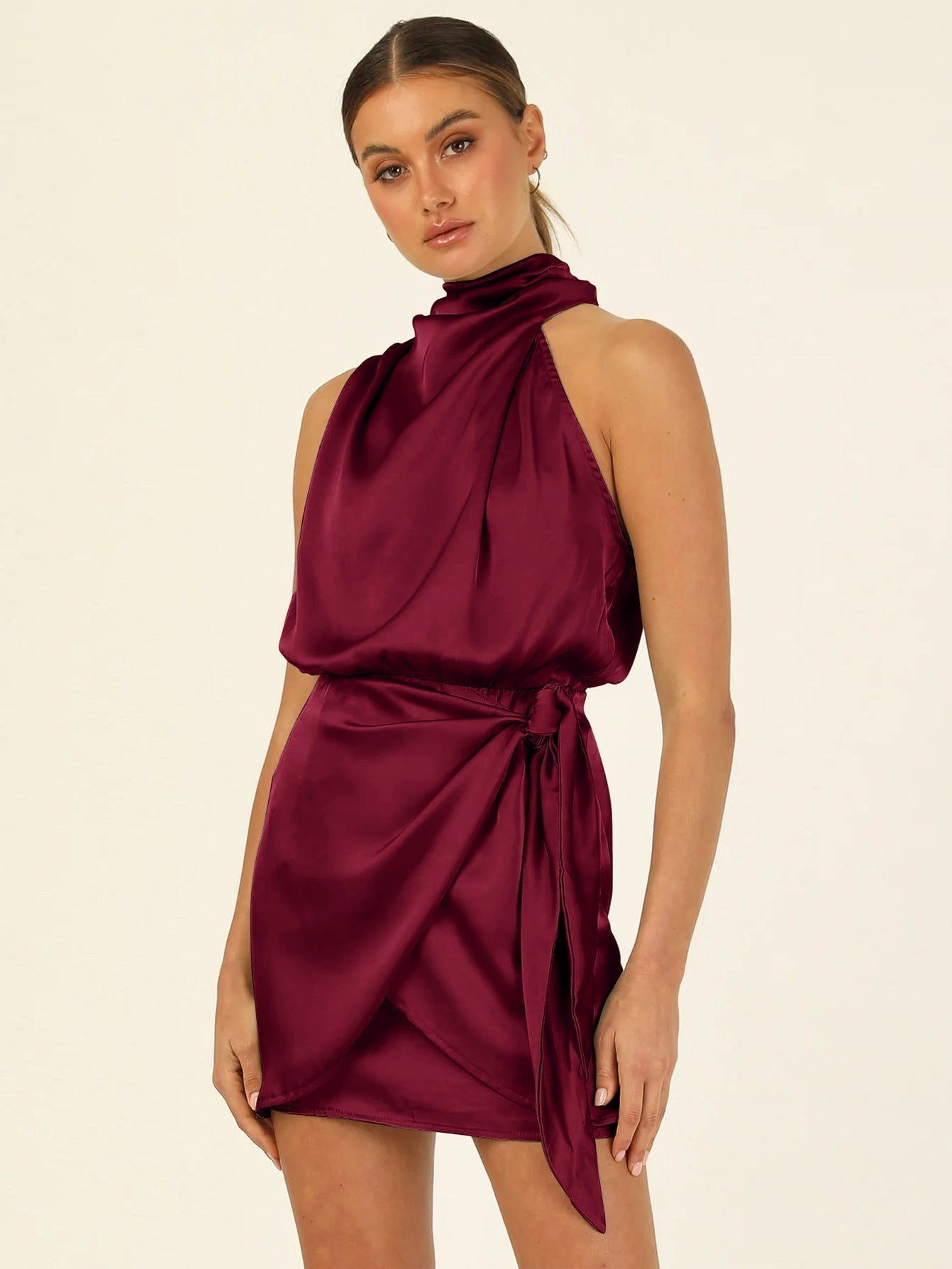 Satin Halter Neck Dress with Elegant Fit and Flowing Design
