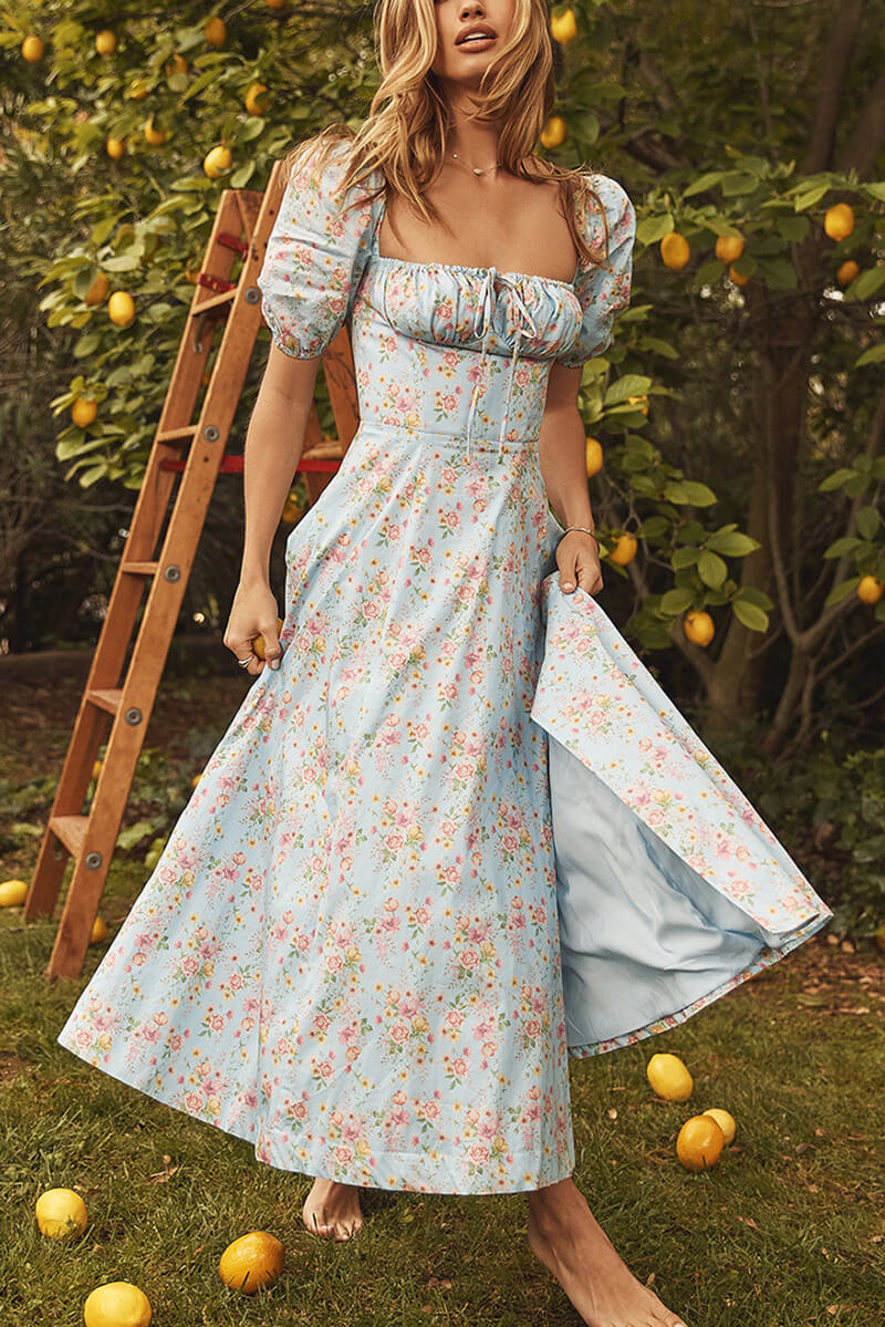 Venice Midi Dress with Puff Sleeves and Openings