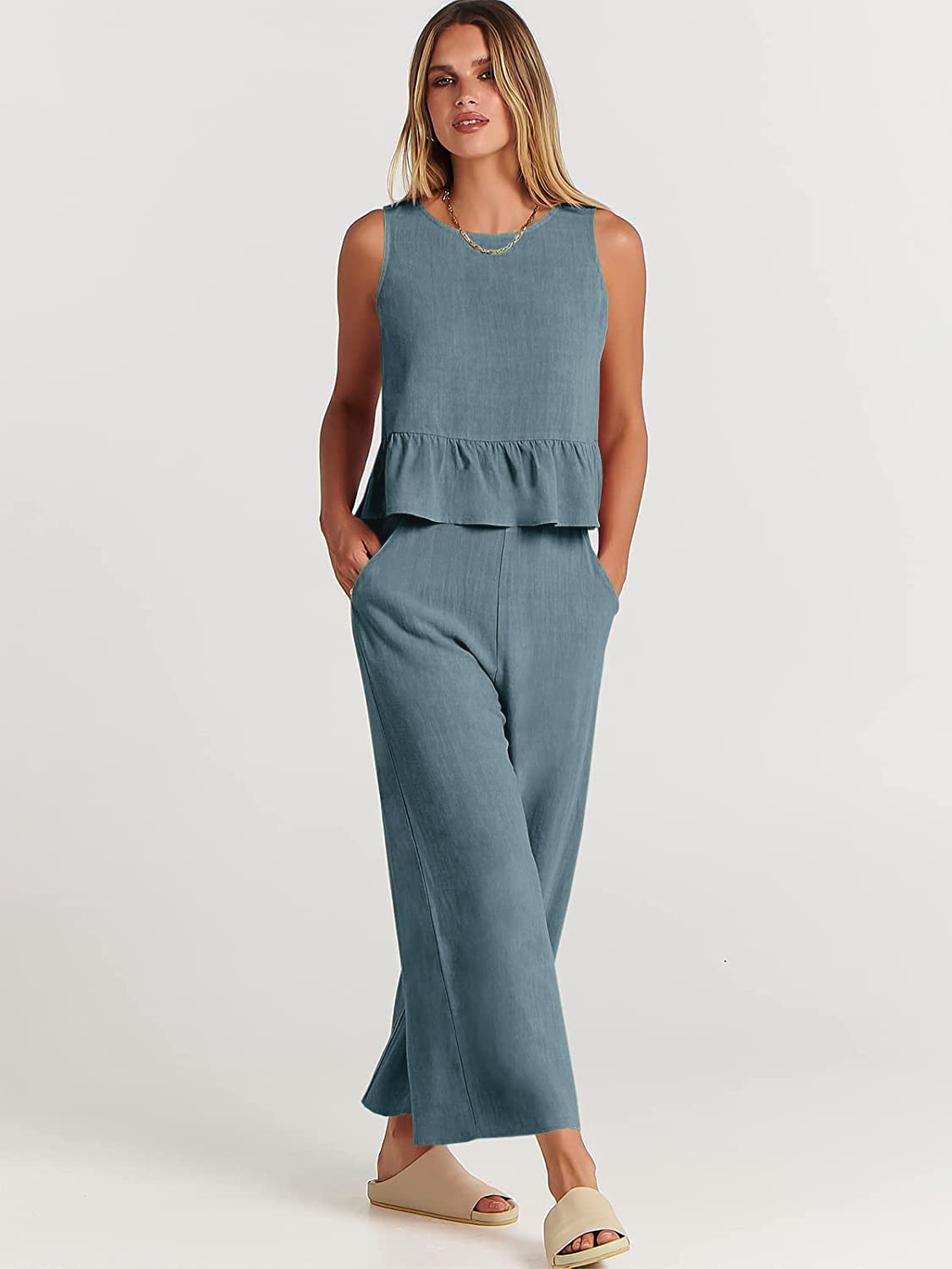 Sleeveless Blouse and Wide-Leg Trousers Set for Effortless Style