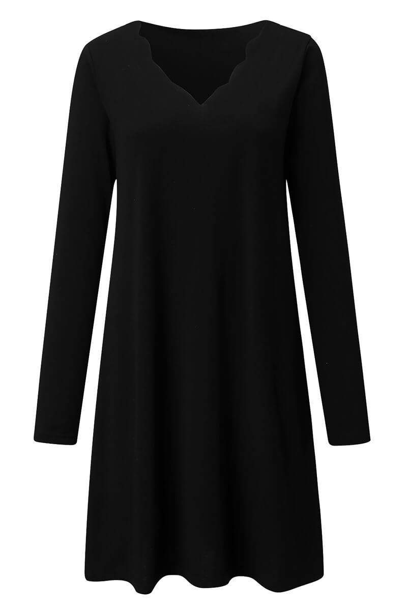 Scalloped Edge Long Sleeve V-Neck Dress