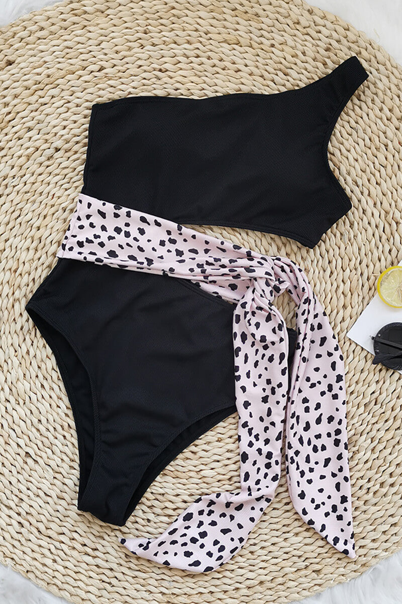 Bicolor One-Shoulder Swimsuit with Bow Detail