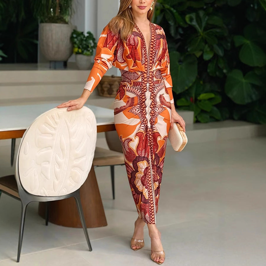 Ruched Midi Dress with Long Sleeves, Split Detail, and Print Design