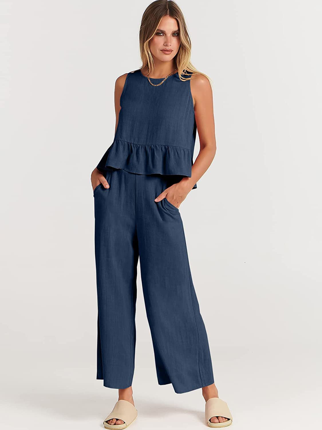 Sleeveless Blouse and Wide-Leg Trousers Set for Effortless Style