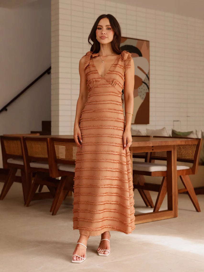 Ruffled Long Dress with Textured Fabric and Bow Straps