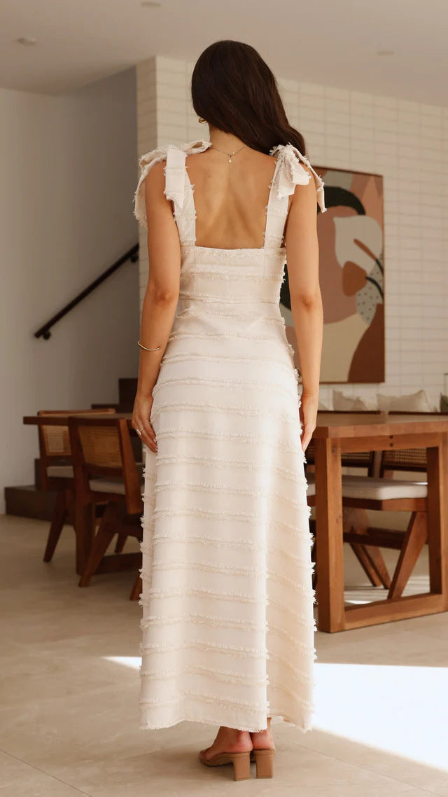 Ruffled Long Dress with Textured Fabric and Bow Straps