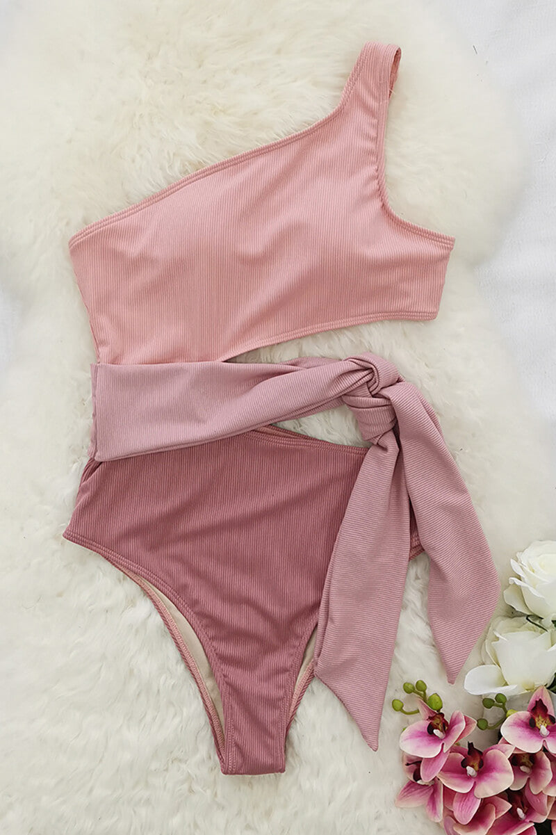 Bicolor One-Shoulder Swimsuit with Bow Detail