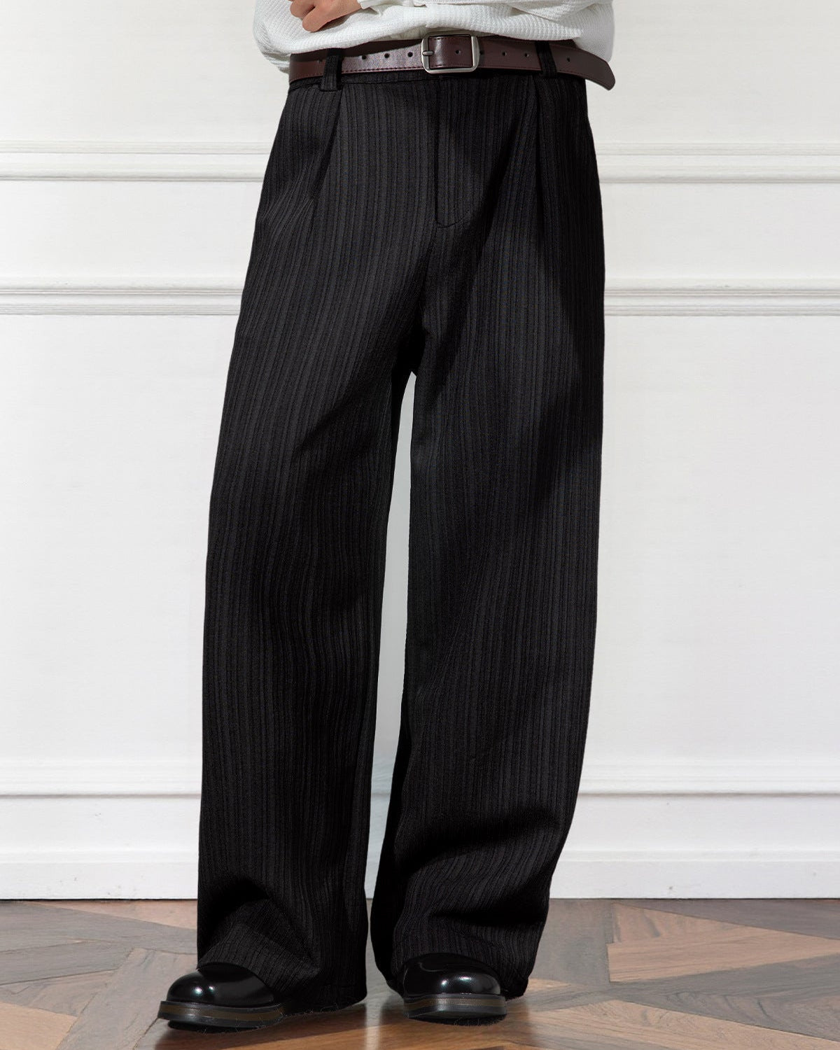 Men’s Draped Stripe Trousers – Loose Pleated Straight-Leg Fit