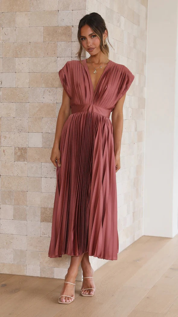 Deep V-Neck Long Dress with Back Bow Detail