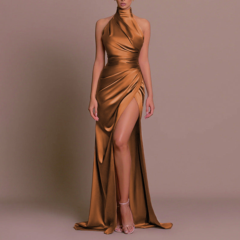 Satin Halter Neckline Dress with Front Slit in Odessa Style