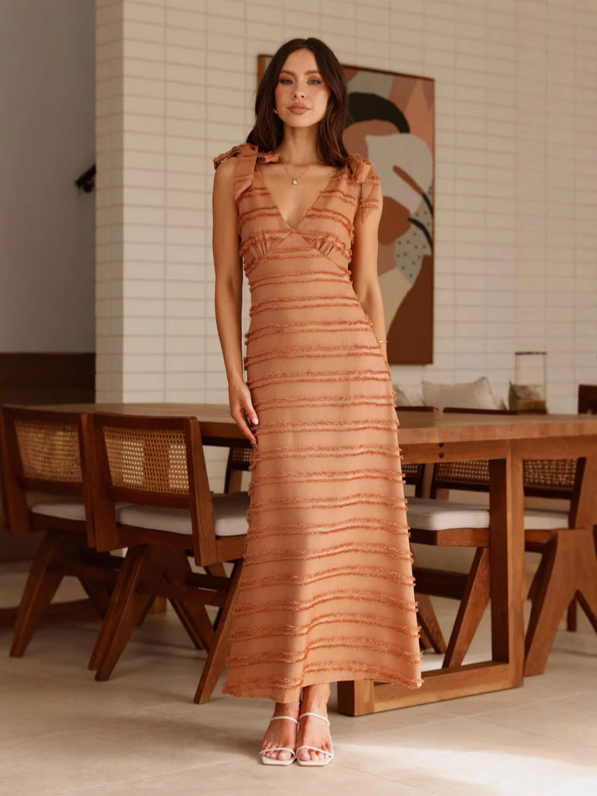 Ruffled Long Dress with Textured Fabric and Bow Straps