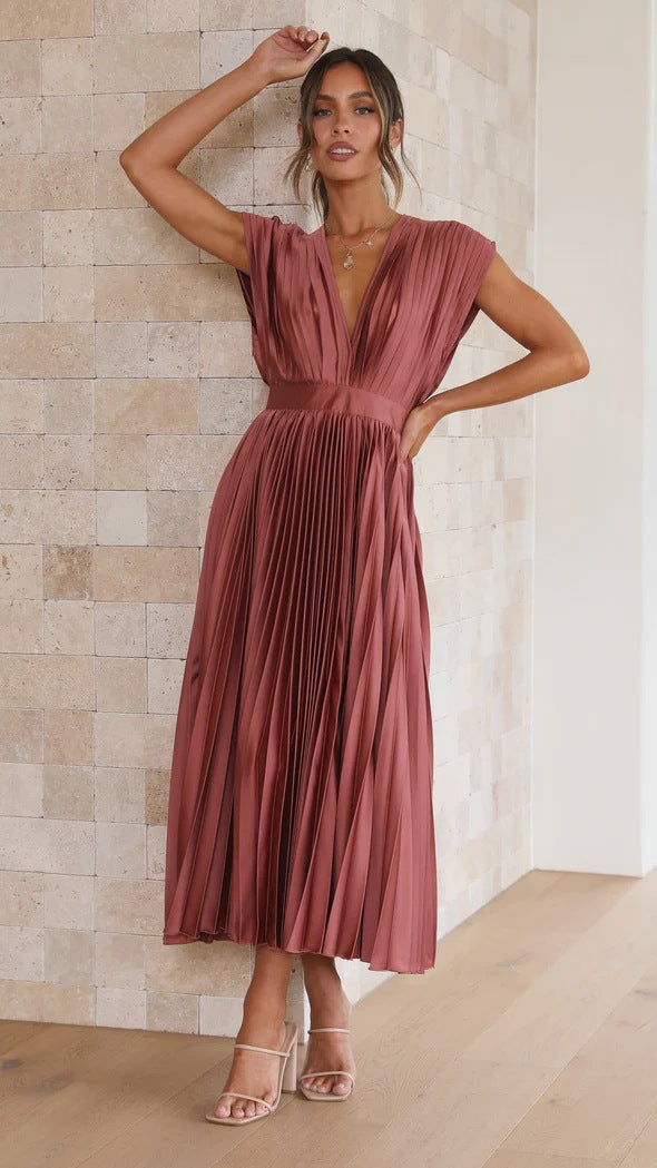 Deep V-Neck Long Dress with Back Bow Detail