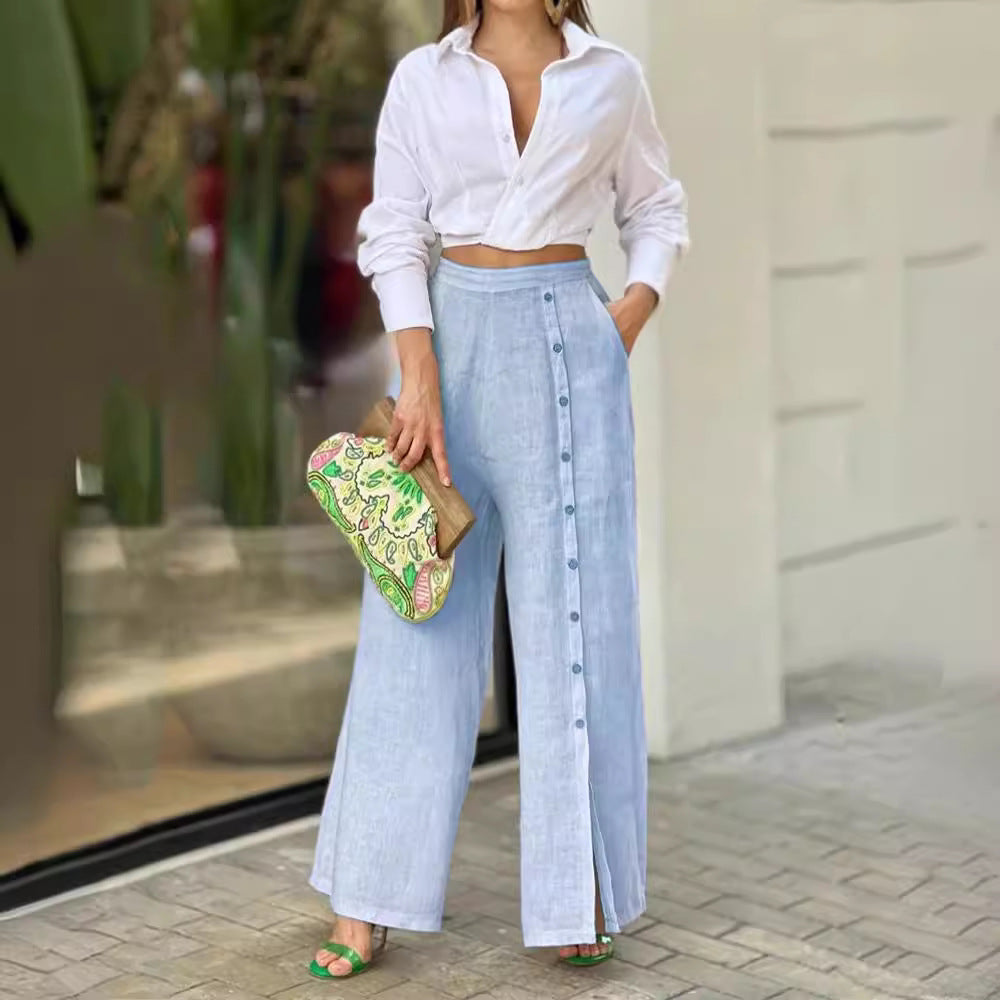 Cotton Lapel Shirt with Relaxed Fit Trousers Set