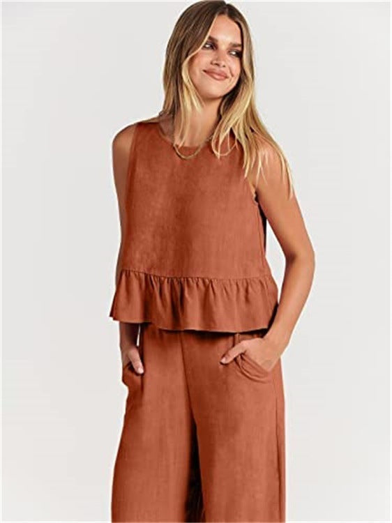 Sleeveless Blouse and Wide-Leg Trousers Set for Effortless Style