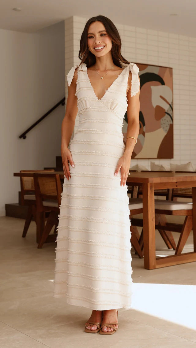Ruffled Long Dress with Textured Fabric and Bow Straps