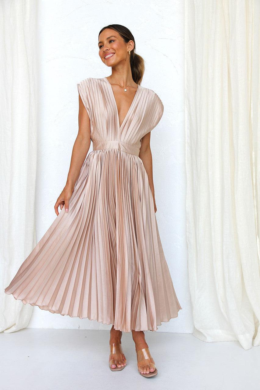Deep V-Neck Long Dress with Back Bow Detail