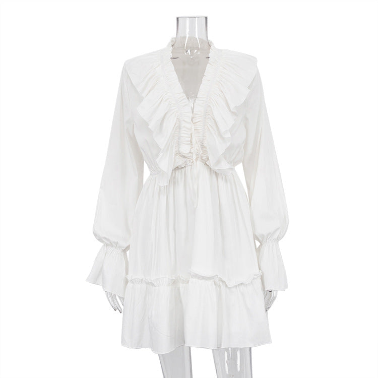 Elegant Mini Dress with Ruffles, V-Neck, and Long Sleeves