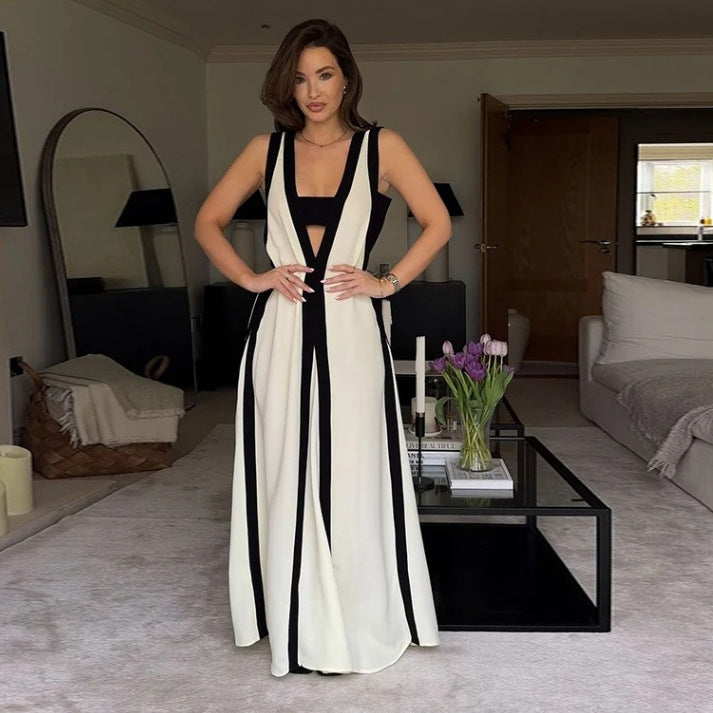V-Neck Two-Tone Long Dress for Effortless Style