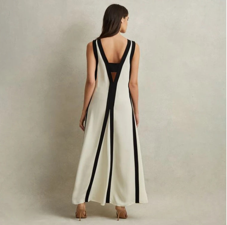 V-Neck Two-Tone Long Dress for Effortless Style
