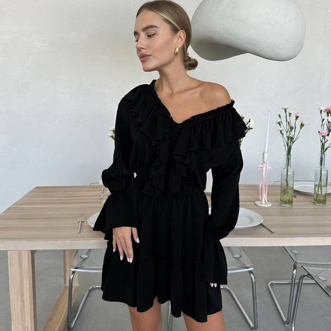 Elegant Mini Dress with Ruffles, V-Neck, and Long Sleeves