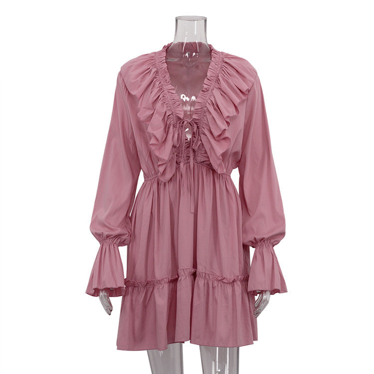 Elegant Mini Dress with Ruffles, V-Neck, and Long Sleeves