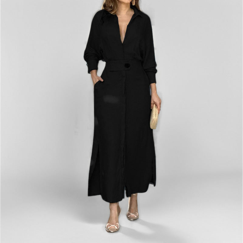 Rive Button-Up Shirt Dress with Side Openings for Easy Styling