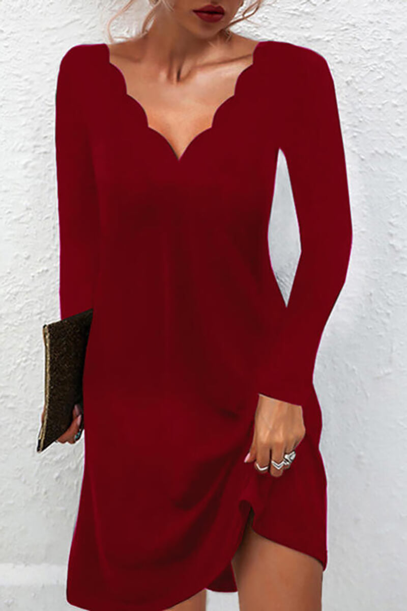 Scalloped Edge Long Sleeve V-Neck Dress